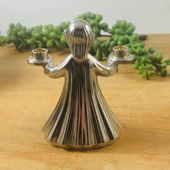 Silver Plate Italy Angel Candle Holder holds 2 Small Candles Over 3 Inches - Picture 3 of 6